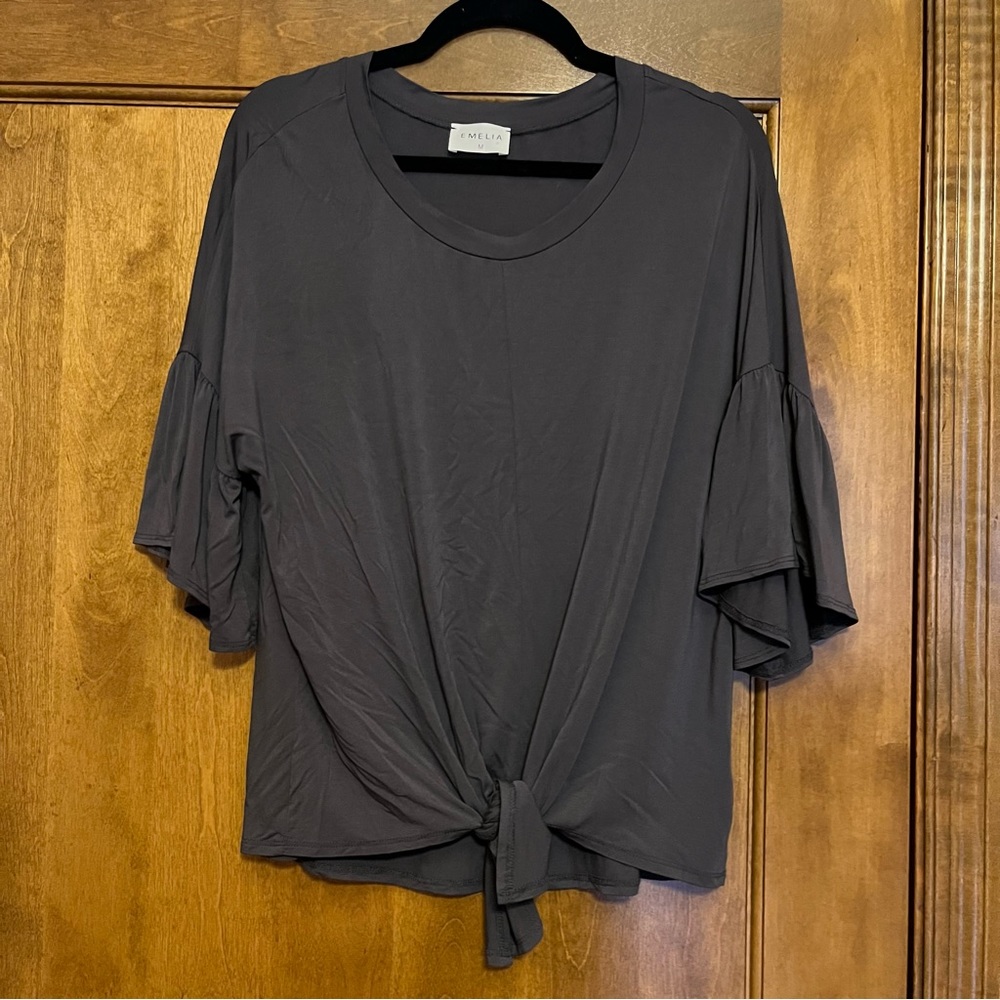 EMELIA Gray Bell Sleeve Tie-Front Top Blouse Modal M